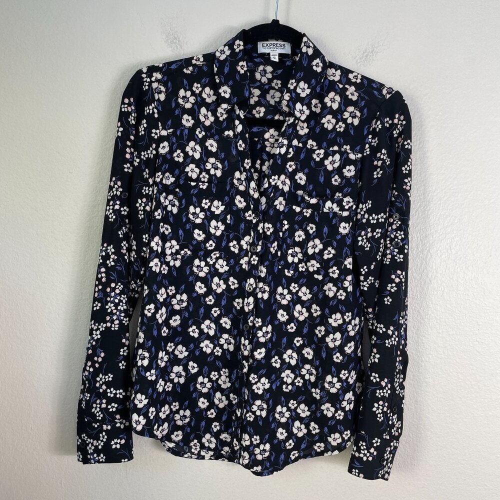 Express Portofino Shirt Womens XS Slim Button Up Floral Blouse‎ Roll Tab Sleeve